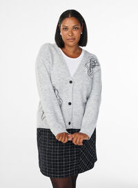 Cardigan med V-hals og broderte blomster, Grå Cardigan med V-hals og broderte blomster, Grå, Model