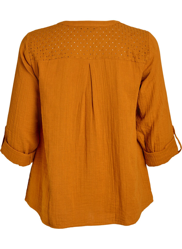 Bluse i bomullsmuslin med broderi anglaise, Orange, Packshot image number 1