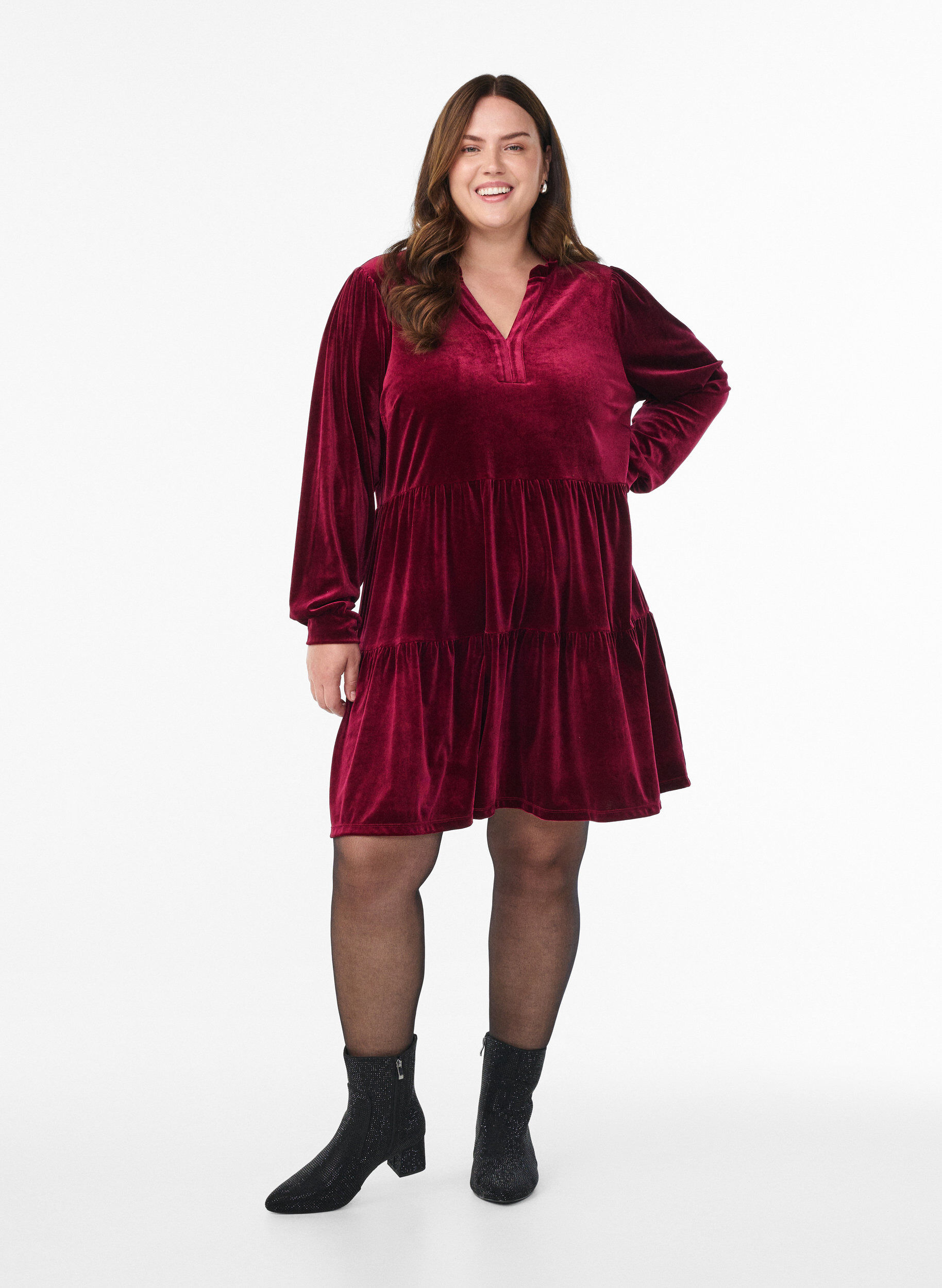 ZizziKort velourkjole med volangkrage og lange ermer, R&oslash;d, Model image number 1