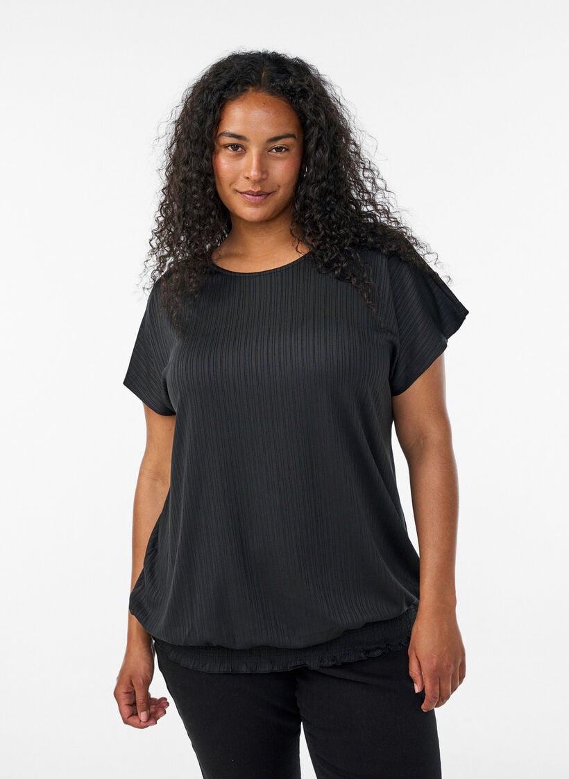 Jerseybluse med teksturerte striper og en smocket fold, Svart, Model image number 0