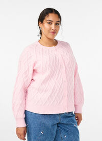 Kabelstrikket cardigan med perleknapper, Rosa Kabelstrikket cardigan med perleknapper, Rosa, Model