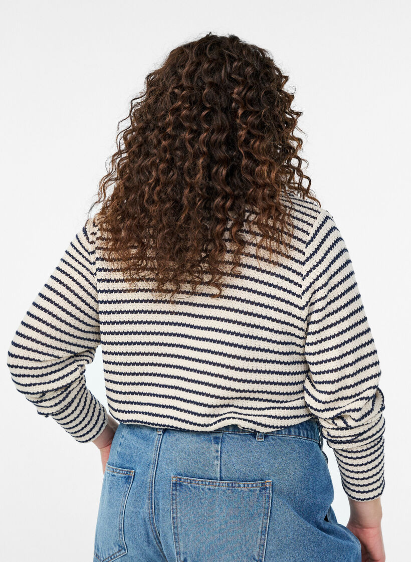 Stripete bluse i jerseystoff med krage og V-hals, Beige, Model image number 2