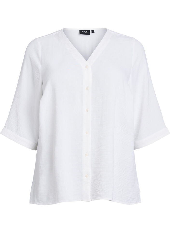Skjortebluse med v-hals og 3/4 ermer, Vanilje, Packshot image number 0