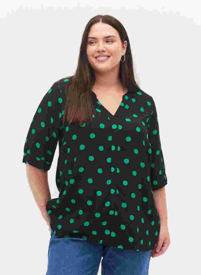 Viskosebluse med prikker, Black jol Green dot, Model