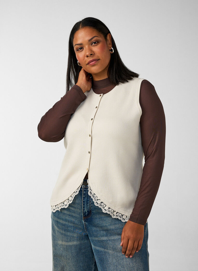 Strikkevest med blondekant, Vanilje, Model image number 0