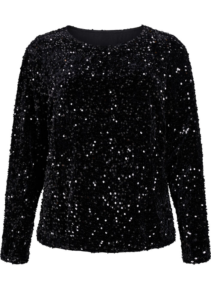 Bluse med paljetter og lange ermer, Svart, Packshot image number 0