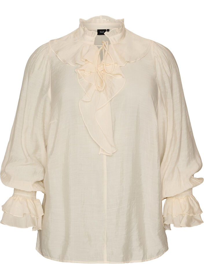 Viskosebluse med volanger og lange ermer, Vanilje, Packshot image number 0