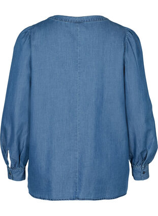 Bluse med lange puffermer og knapper, Blue denim, Packshot image number 1