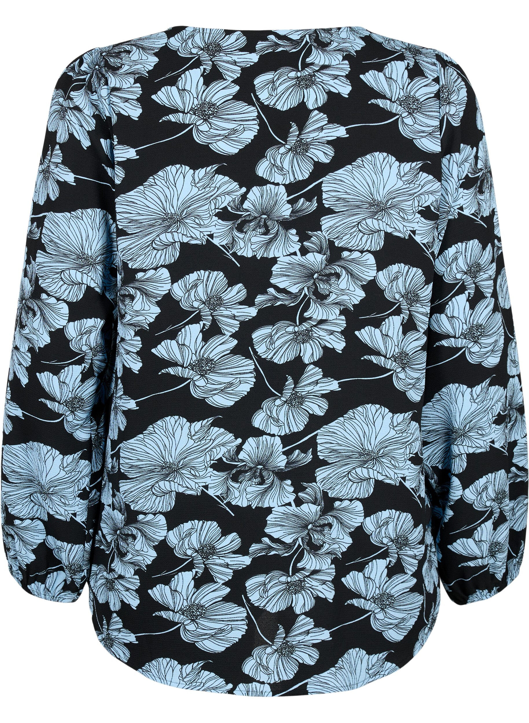 Zizzi Skjortebluse med v-hals og trykk, Black B. Flower AOP, Packshot image number 1