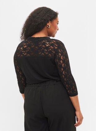 Viskosebluse med blonder og 3/4 ermer, Black, Model image number 0