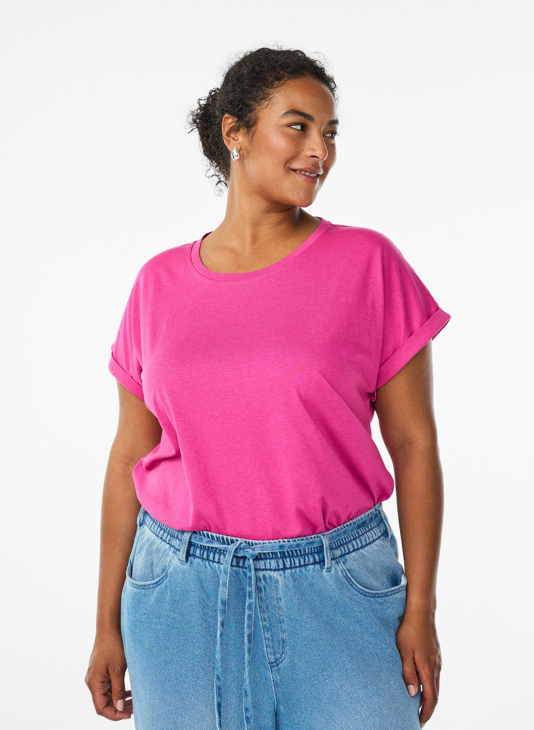 Kortermet T-skjorte i bomullsblanding, Rosa, Model