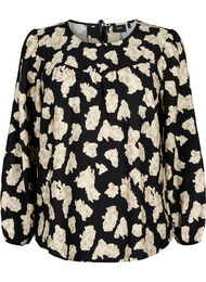 Langermet bluse med trykk og sløyfer, Black AOP