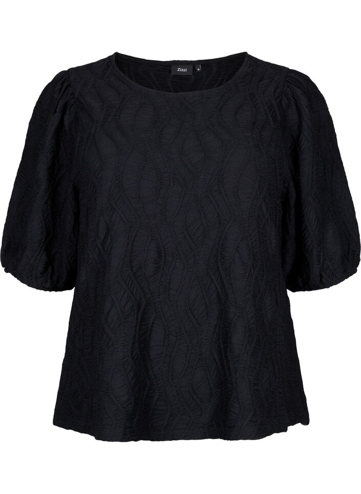 Kortermet bluse med tekstur, Black, Packshot image number 0