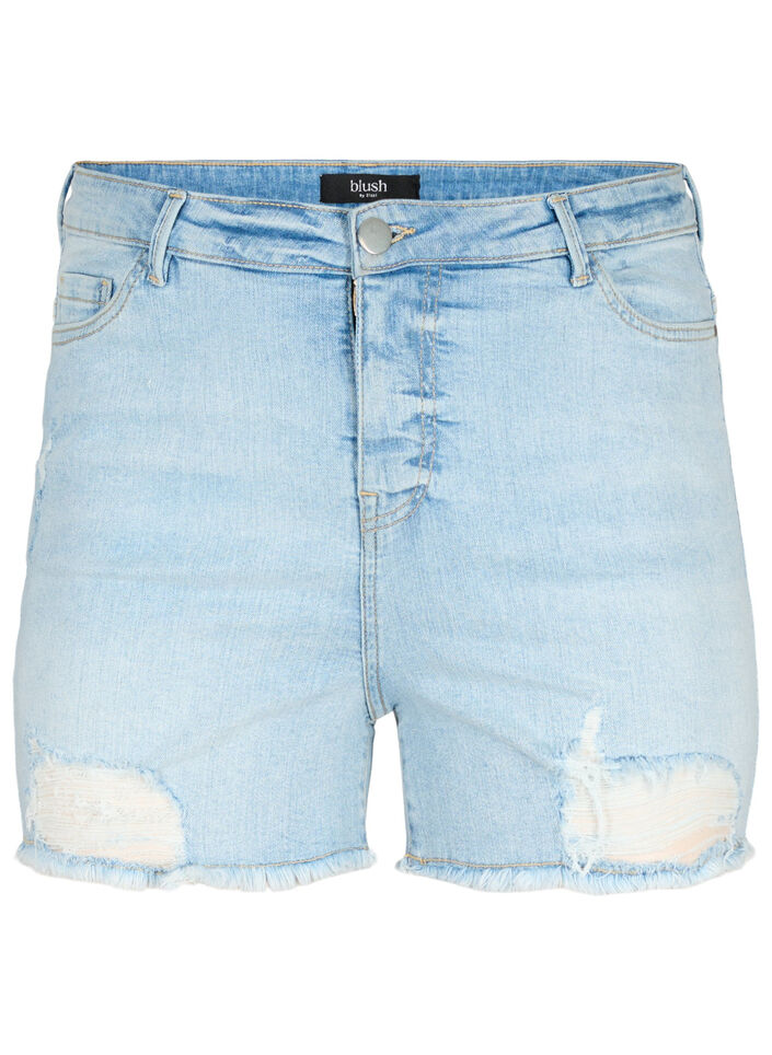 Dongerishorts med slitte detaljer, Light Blue Denim, Packshot image number 0