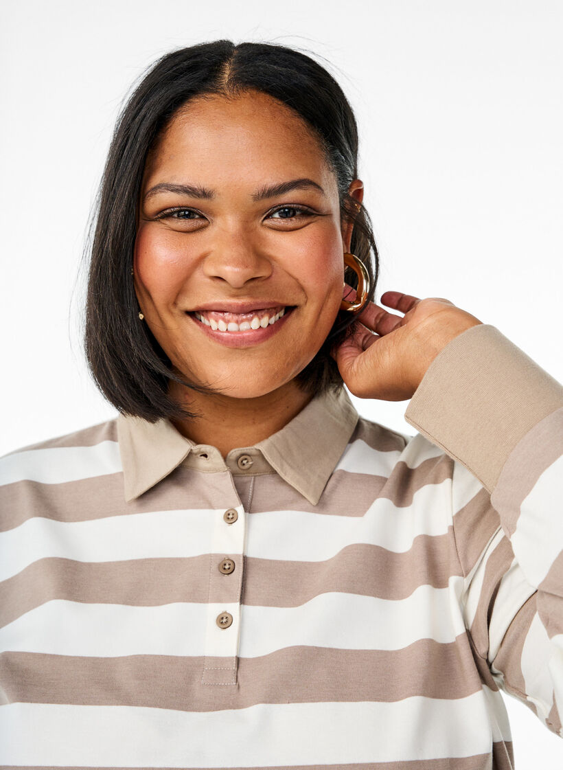 Langermet poloskjorte med striper, Beige, Model image number 3