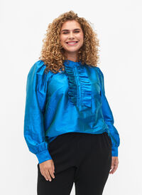 Skinnende skjortebluse med volanger, Diva Blue, Model