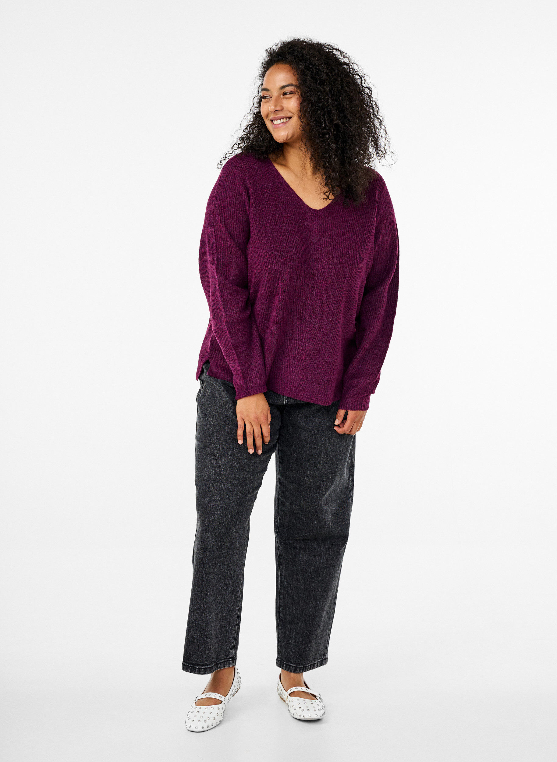 Zizzi Strikket bluse med v-hals og lange ermer, Potent P. Black Mel., Model image number 2