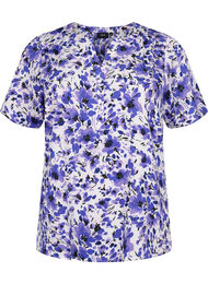 Bluse med korte ermer og V-hals , Purple Small Flower
