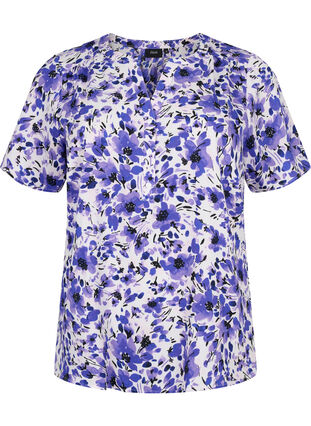 Bluse med korte ermer og V-hals , Purple Small Flower, Packshot image number 0