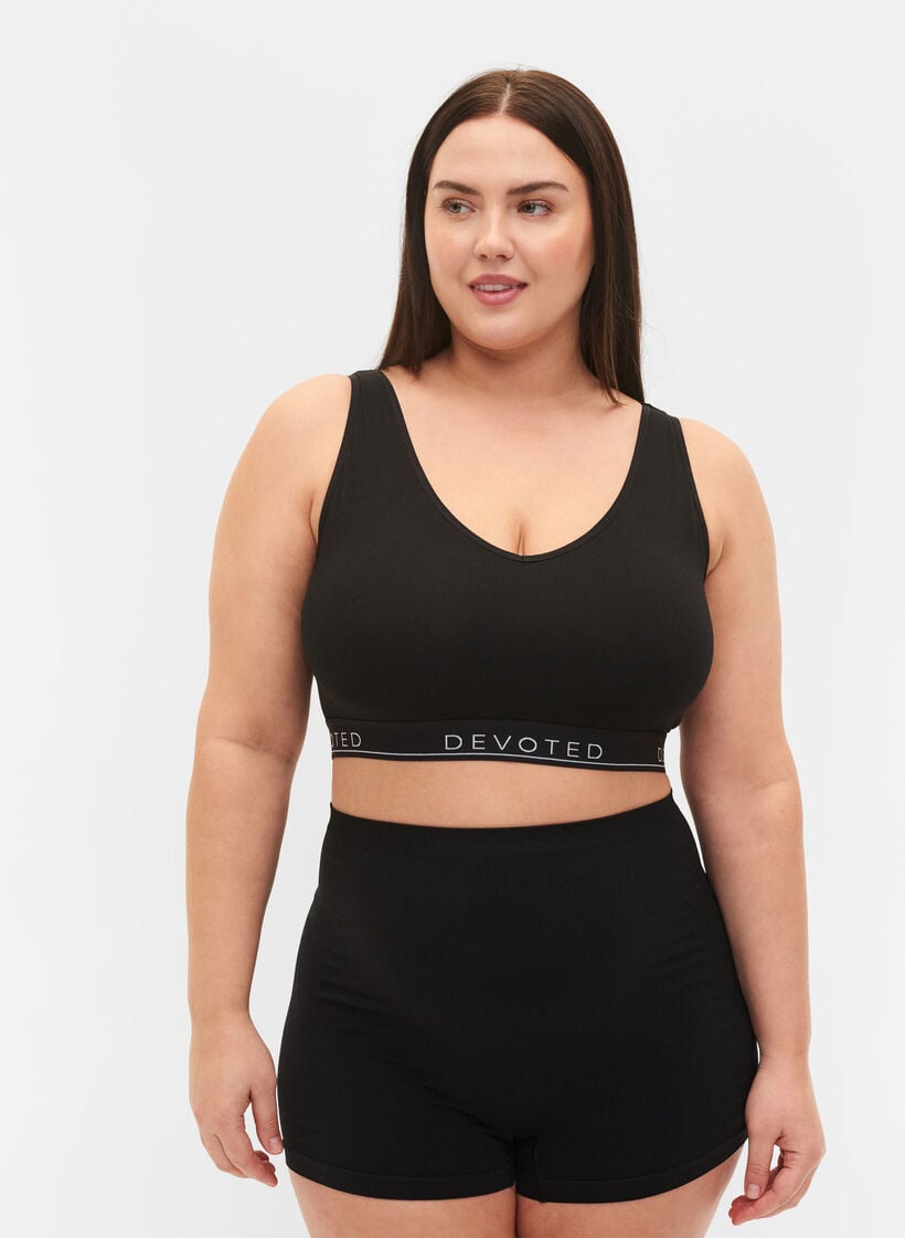 Bomulls-bh med V-hals og teksttrykk, Svart, Model image number 1