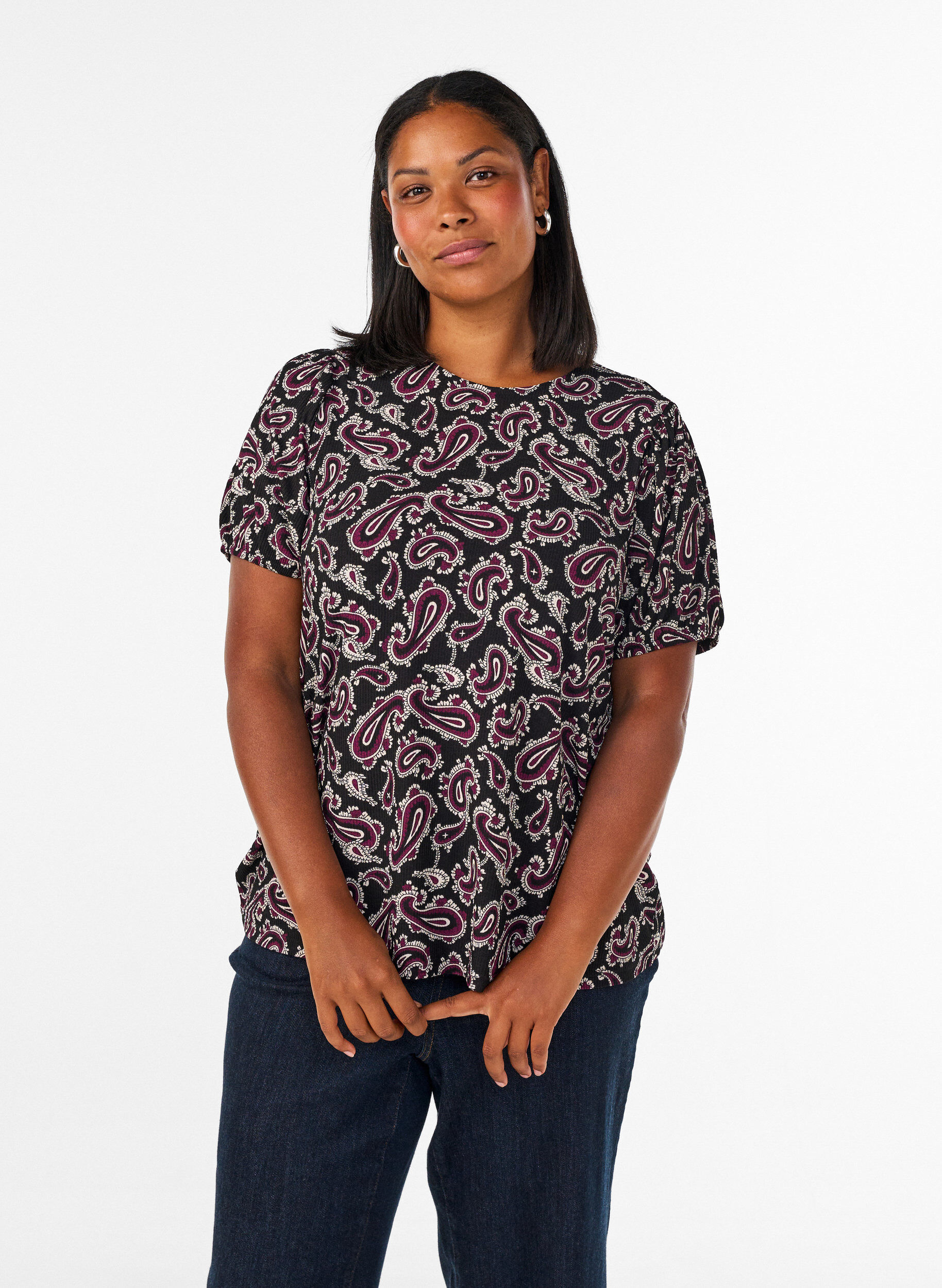 Bluse med lange ermer og paisleym&oslash;nster, M&oslash;rk Bordeaux, Model