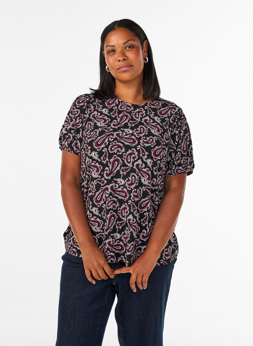 Bluse med lange ermer og paisleym&oslash;nster, M&oslash;rk Bordeaux, Model image number 0