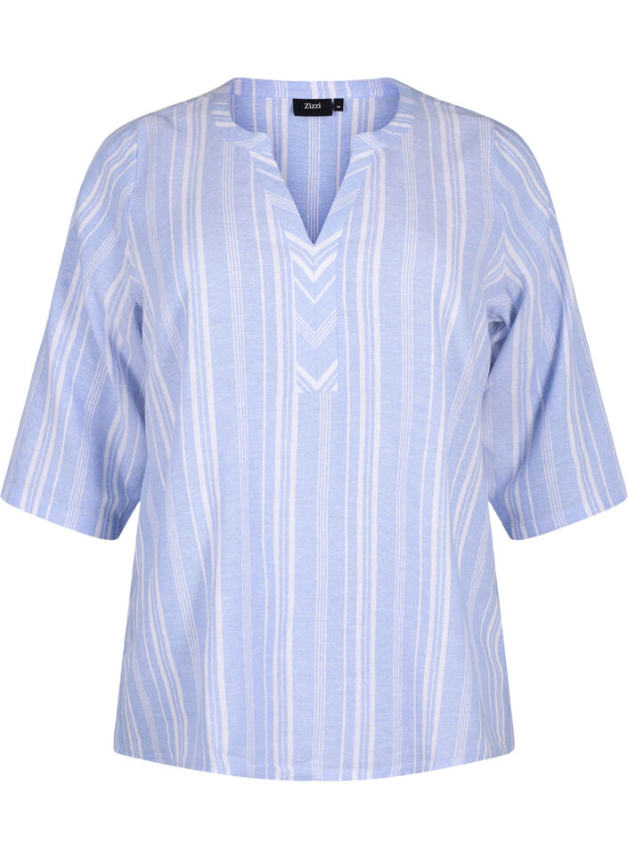 Stripete bluse i lin- og viskoseblandet kvalitet, Blå, Packshot image number 0