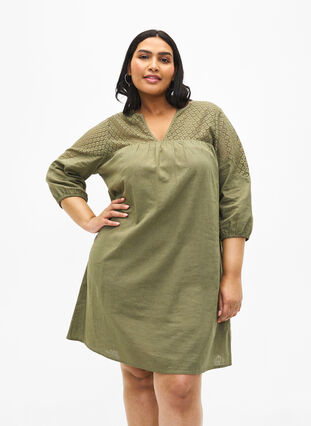 Zizzi Kjole i bomullsblanding med lin og heklede detaljer, Deep Lichen Green, Model image number 0