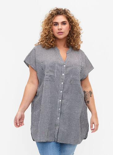 Kortermet bomullskjorte med striper, Black Stripe, Model image number 0