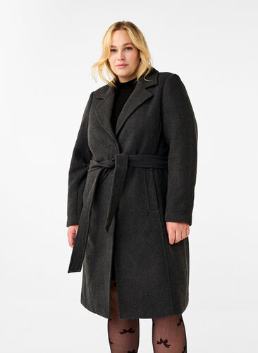 Zizzi Lang ullkåpe med belte, Dark Grey Melange, Model image number 0