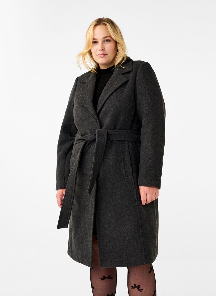 Lang ullkåpe med belte, Dark Grey Melange, Model image number 0