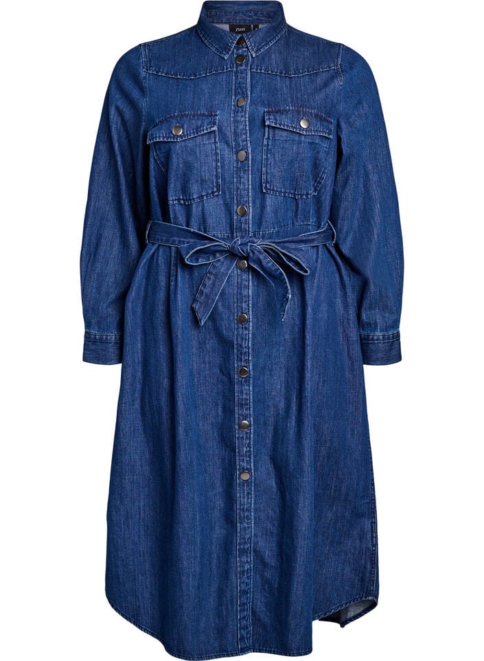 Mididenimkjole med knytebelte, Dark Blue Denim, Packshot