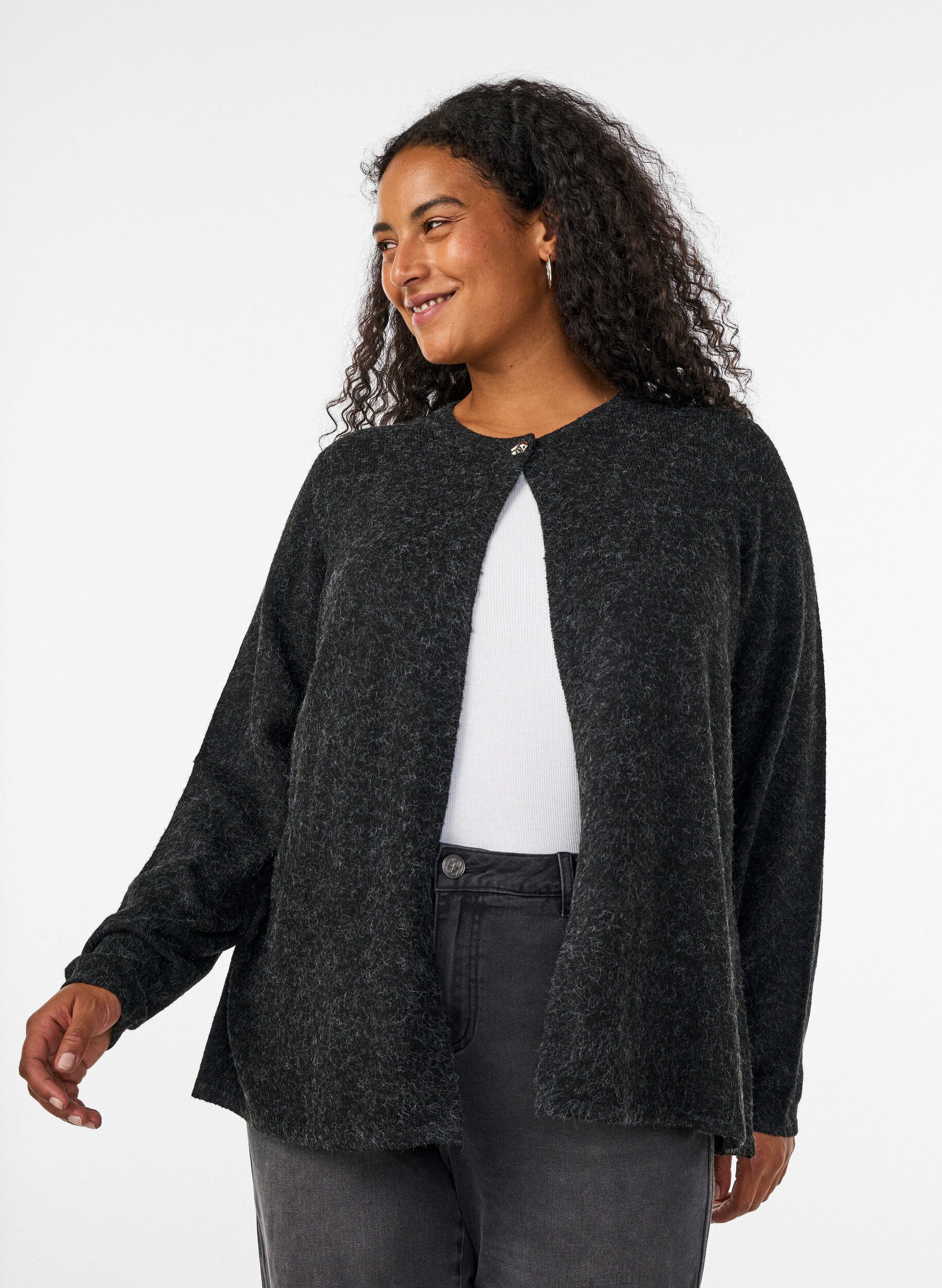 Strikket cardigan med rund hals og knappelukking, Gr&aring;, Model