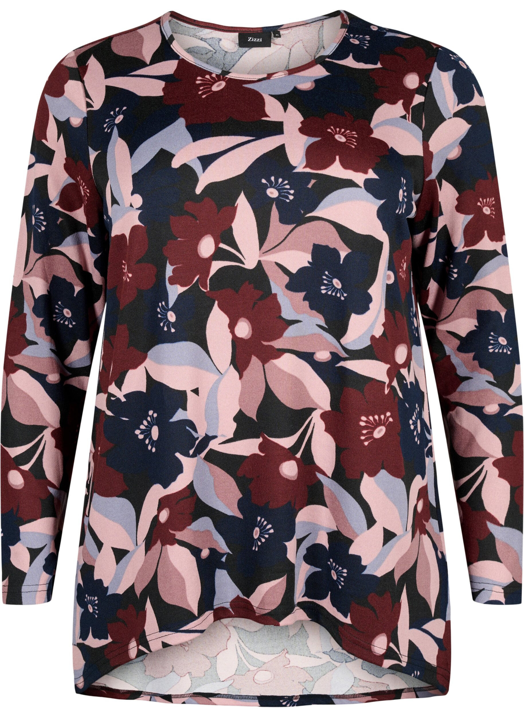 Zizzi Blomstret bluse med lange ermer, Black Rose Flower, Packshot image number 0
