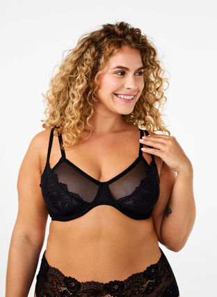 Zizzi Bh med full dekning, blonder og mesh, Black, Model image number 0