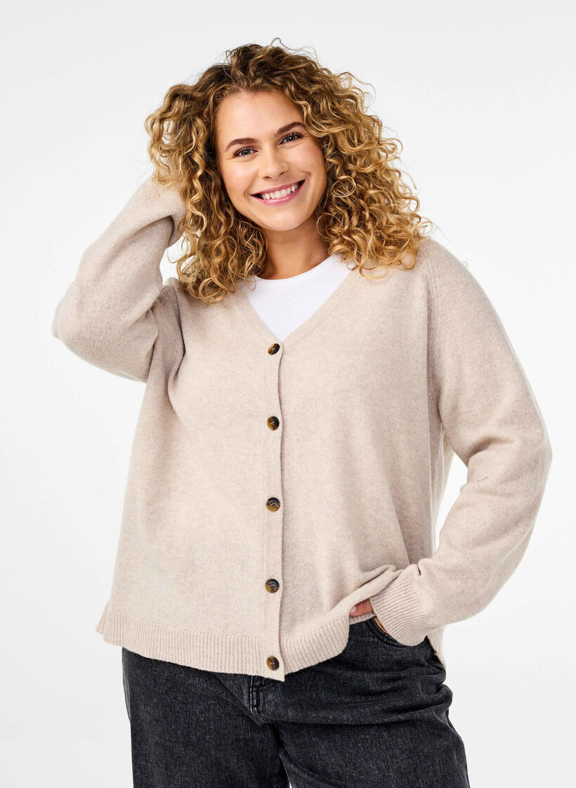 Strikket cardigan i merinoull, Pumice Stone Mel., Model image number 0
