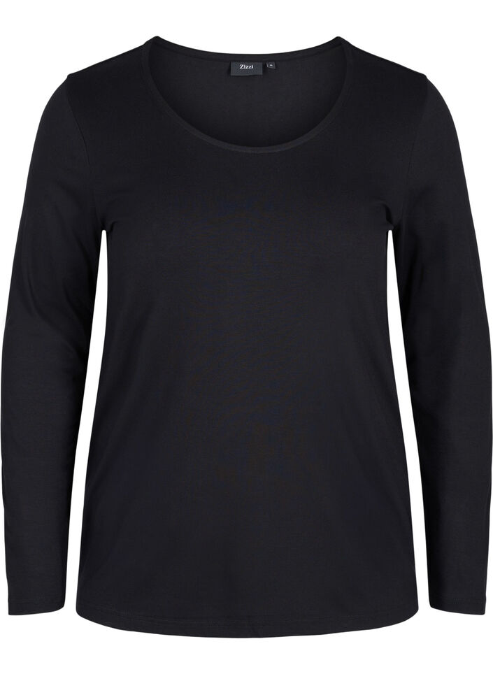 Ensfarget basisbluse i bomull, Solid Black, Packshot image number 0