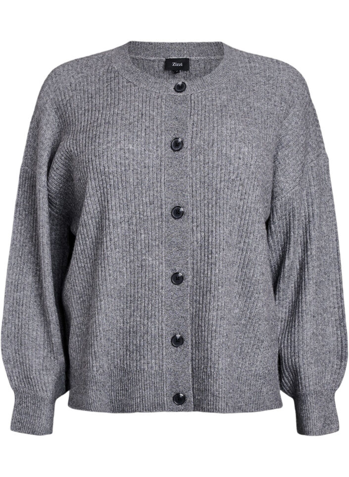 Ribbestrikket cardigan med knapper, Gr&aring;, Packshot image number 0