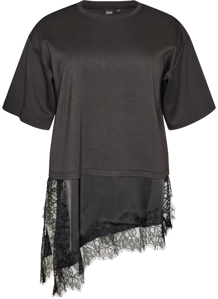 Jerseybluse med lag-p&aring;-lag-look og blonder, Svart, Packshot image number 0