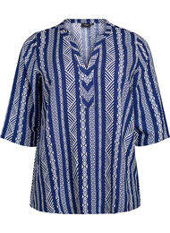 Stripete bluse i lin- og viskoseblandet kvalitet, Medieval Blue AOP
