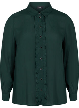 Viskoseskjorte med knappelukknig og volangdetaljer, Scarab, Packshot image number 0