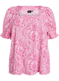 Viskose bluse med paisleymønster og firkantet utringning, Pink/Red PAISLEY AOP