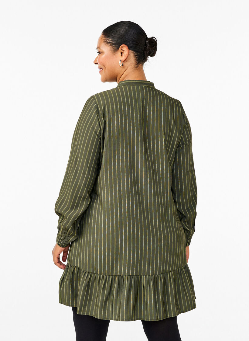 Kort, stripete kjole med volangdetaljer, Thyme Stripe AOP, Model image number 1