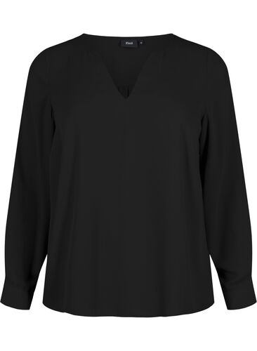 Bluse med lange ermer og rynker på ryggen, Black, Packshot image number 0
