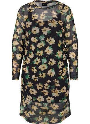 Zizzi Tettsittende meshkjole med 3/4-ermer, Yellow Green AOP, Packshot image number 0