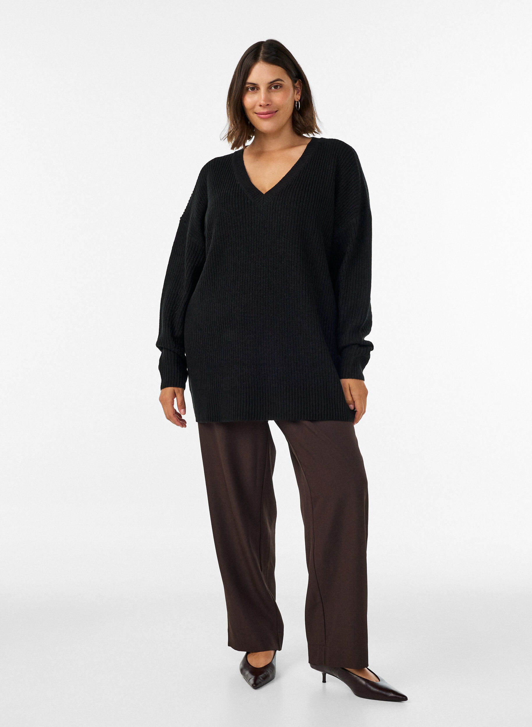 ZizziLang ribbestrikket bluse med V-hals, Svart, Model image number 1