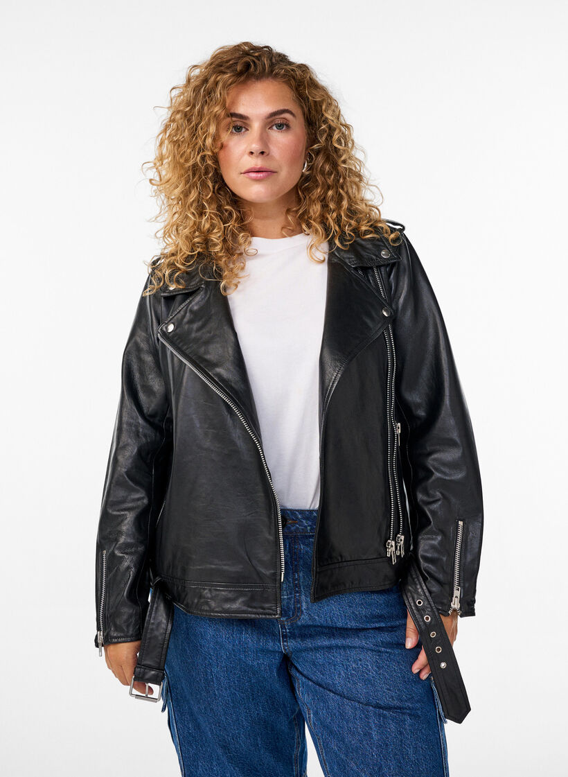 Skinn bikerjakke med belte, Black, Model