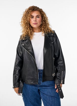 Zizzi Skinn bikerjakke med belte, Black, Model image number 0