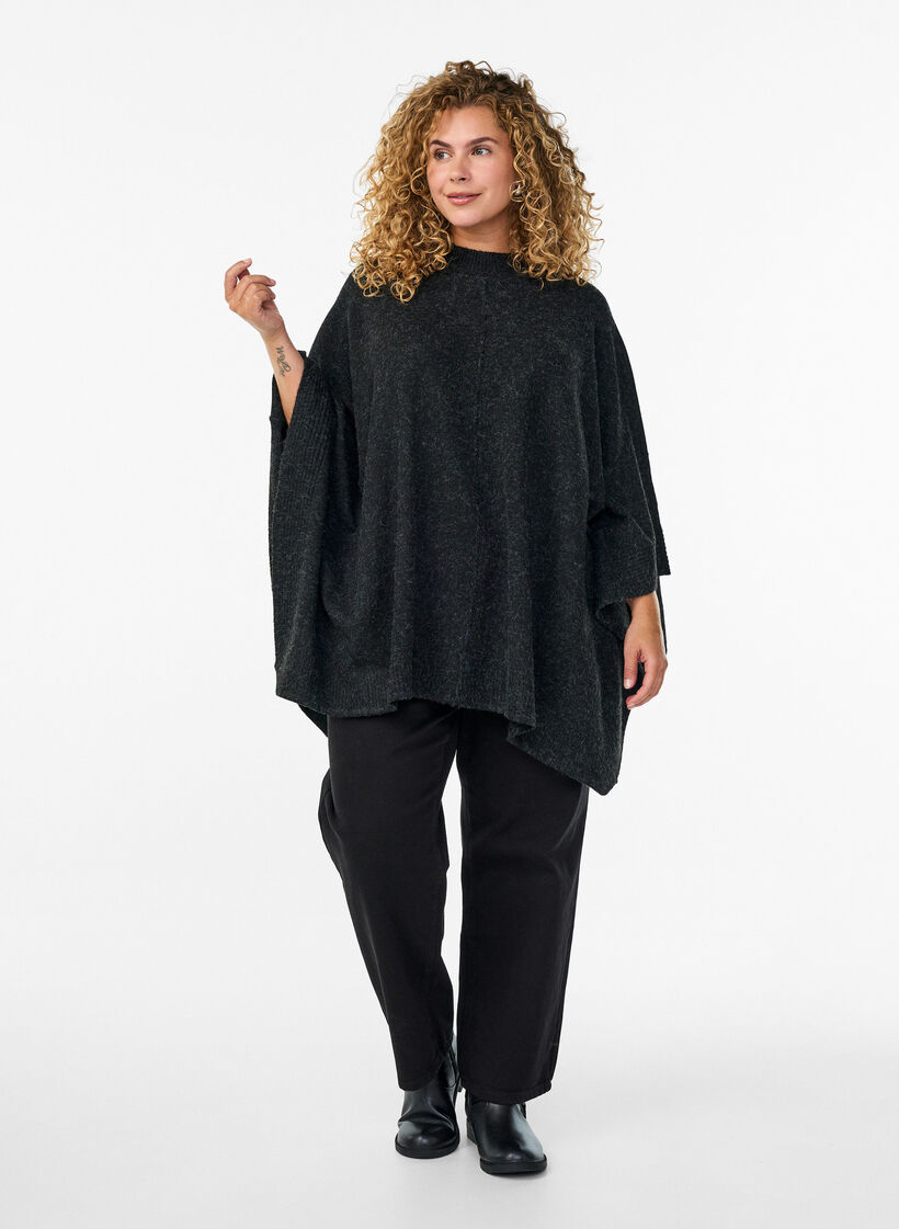 Poncho med ribbedetaljer og rund hals, Grå, Model image number 1