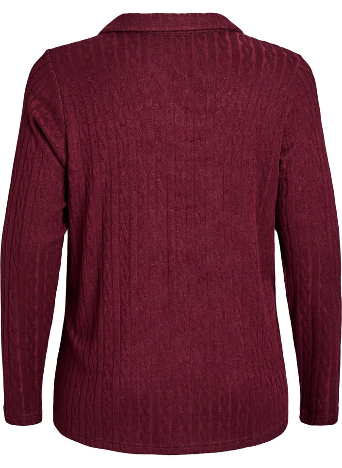 Strikkebluse med krage og flettemønster, Mørk Bordeaux, Packshot image number 1